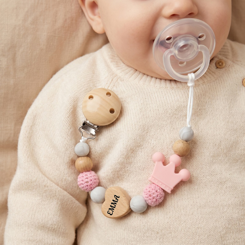 Baby Food Name - Personalisierter Baby-Schnullerclip Holzherz Silikon-Krone Beißring Schnullerkette